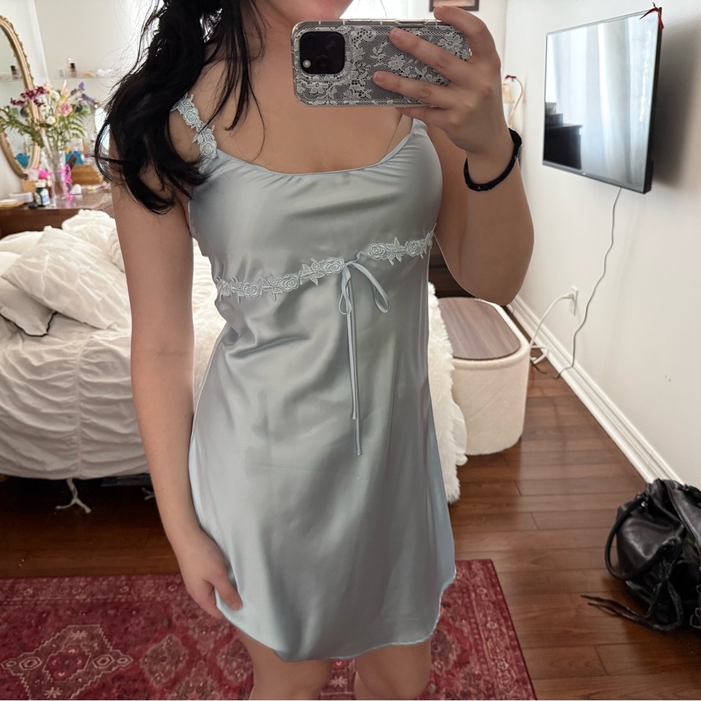 Elegant Satin Dress in Light Blue with floral straps🦢